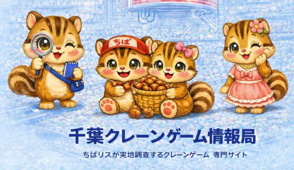 千葉クレーンゲーム情報局のマスコット「ちばリス」たちがクレーンゲームの前に並んでいるメイン画像